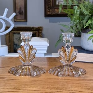 Vintage Crystal Candlestick Holder Amber Stained Glass Accents Leaf Pattern 5"